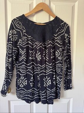 Lucky Brand Navy and White Embroidered Yoke Top